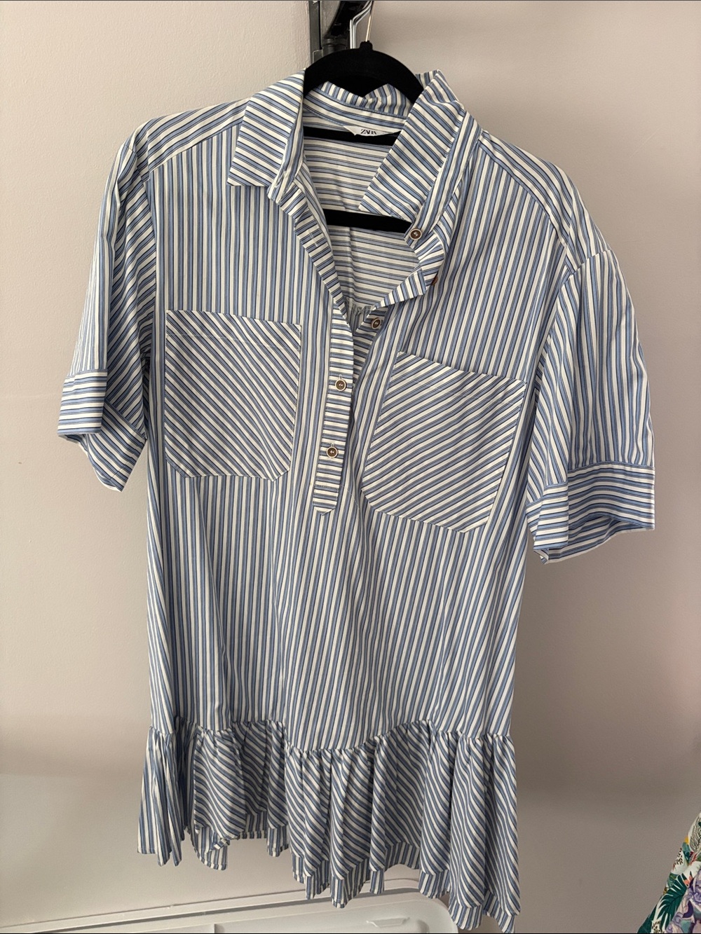 Zara Blue & White Striped Ruffle-Hem Shirt Dress